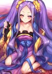  blush bow chinese_clothes collarbone fate/grand_order fate_(series) hanfu highres kiritani846 long_hair long_sleeves looking_at_viewer off_shoulder purple_eyes purple_hair sash seiza shawl sitting smile solo twintails wide_sleeves wu_zetian_(fate/grand_order) 