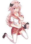 ;d ass_visible_through_thighs astolfo_(fate) blush braid fang fate/apocrypha fate/grand_order fate_(series) full_body hair_ribbon highres kneeling loafers long_hair looking_at_viewer male_focus navel nectar_(fujiya) one_eye_closed open_mouth otoko_no_ko pink_hair purple_eyes red_sailor_collar red_skirt ribbon sailor_collar school_uniform serafuku shoes single_braid skirt smile solo thighhighs 