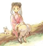  animal black_eyes black_hair braid chinese_clothes dumpling eating eyebrows_visible_through_hair food fullmetal_alchemist happy log long_hair looking_at_another may_chang panda riru sitting smile xiao-mei 