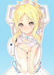  blonde_hair blush bow bra breasts brown_eyes closed_mouth drill_hair eromanga_sensei frill_trim from_above hair_bow hand_on_own_knee jewelry knees_together_feet_apart looking_at_viewer looking_up navel necklace panties pendant pink_bra pink_panties ringlets shirt_lift sidelocks slippers small_breasts solo tatami_to_hinoki thighhighs toilet underwear white_legwear yamada_elf 