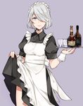  alcohol alternate_costume apron bangs black_dress bottle breasts closed_mouth clothes_lift collared_dress cowboy_shot cup dress dress_lift drinking_glass enmaided eyebrows_visible_through_hair fingernails frilled_apron frilled_cuffs frills glass hair_over_one_eye hands_up holding holding_tray kurosawa_kazuto lifted_by_self maid maid_apron maid_headdress medium_breasts mole mole_under_mouth nier_(series) nier_automata one_eye_closed pink_lips puffy_short_sleeves puffy_sleeves purple_background sash short_hair short_sleeves silver_hair simple_background skirt skirt_hold smile solo standing tray waist_apron whiskey white_apron wing_collar wrist_cuffs yorha_no._2_type_b 