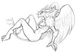  2016 anthro avian beak bird black_and_white breasts chest_tuft feathered_wings feathers female gryphon guoh line_art looking_at_viewer looking_back monochrome nipples nude princess_crown reclining simple_background smile solo tuft video_games white_background wings 