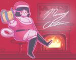  2018 anthro big_breasts black_hair boots breasts cat catti_(deltarune) christmas cleavage clothed clothing costume deltarune digital_media_(artwork) duo english_text eyeshadow eyewear feline female fire fireplace footwear fully_clothed fur hair hat holidays inside jockington_(deltarune) legwear lipstick looking_at_viewer makeup male mammal multicolored_hair reptile santa_hat scalie sitting smile snake sunglasses sweater_pups_(artist) text thick_thighs thigh_highs two_tone_hair video_games voluptuous white_fur wide_hips yellow_sclera 