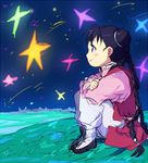  black_eyes black_hair blush_stickers braid chinese_clothes colorful crossed_arms eyebrows_visible_through_hair fullmetal_alchemist happy long_hair looking_up lowres may_chang night riru shooting_star sitting sky smile solo star_(sky) 