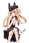  absurdres ass blonde_hair blush garter_straps girls_frontline hat highres long_hair looking_at_viewer looking_back purple_eyes shan solo sr-3mp_(girls_frontline) 