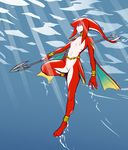  anklet barefoot belly_chain bracelet breasts fins fish_girl gorget head_fins holding holding_weapon izra jewelry mipha monster_girl multicolored multicolored_skin nipples nude polearm red_skin small_breasts solo spear the_legend_of_zelda the_legend_of_zelda:_breath_of_the_wild underwater weapon yellow_eyes zora 
