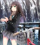  :o aqua_eyes aqua_neckwear bag bare_tree bicycle bicycle_basket black_jacket bookbag brown_hair brown_scarf day fence grazelz grey_skirt ground_vehicle highres idolmaster idolmaster_cinderella_girls jacket long_hair necktie outdoors plaid plaid_scarf scarf shibuya_rin skirt snow solo standing tree wooden_fence 