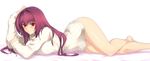  bare_legs barefoot blush breasts closed_mouth dakimakura fate/grand_order fate_(series) hair_between_eyes hair_intakes hand_on_own_head harukon_(halcon) highres hips large_breasts long_hair lying no_pants on_side purple_hair red_eyes ribbed_sweater scathach_(fate)_(all) scathach_(fate/grand_order) simple_background sleeves_past_wrists smile solo sweater turtleneck turtleneck_sweater white_background 