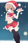  1girl absurdres black_legwear blanc blue_eyes blush brown_hair cake capelet christmas commentary_request crop_top expressionless food fur_trim hair_between_eyes hand_on_own_face highres holding holding_tray looking_at_viewer midriff navel neptune_(series) ramu-on@_shinon red_capelet red_skirt santa_costume short_hair skirt solo star thighhighs tray 