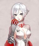  apple bangs beige_background breasts cleavage commentary eyebrows_visible_through_hair food fruit gloves grey_eyes grey_gloves grey_hair holding holding_food holding_fruit long_hair looking_at_viewer medium_breasts open_mouth seungju_lee sidelocks silver_hair simple_background sinoalice snow_white_(sinoalice) solo teeth upper_body 