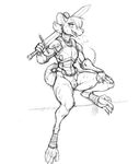  anthro armor bottomless clothed clothing digitigrade female foot_wraps guoh hi_res hindpaw mammal melee_weapon paws pussy rat rodent simple_background solo sweat sword weapon white_background wraps 