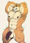  2017 abs anthro balls biceps big_muscles brown_fur brown_nose english_text fangs feline fur green_eyes hands_behind_head looking_at_viewer male mammal muscular muscular_male navel nude open_mouth pecs penis piercing pose precum raised_arm saber-toothed_cat simple_background smile solo standing taoren teeth text white_background white_fur 