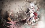  arm_up bad_id bad_pixiv_id bangs breasts closed_mouth commentary_request dress fading gloves grey_gloves grey_hair hand_up highres holding holding_sword holding_weapon looking_at_viewer sidelocks silver_hair sinoalice small_breasts snow_white_(sinoalice) solo standing sword tied_hair translated weapon white_dress yellow_eyes yukidaifuku 