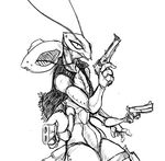  2014 ambiguous_gender anthro arthropod gun guoh handgun hat hi_res holding_object holding_weapon insect insectoid mantis monochrome multi_arm multi_limb multi_wielding pistol ranged_weapon revolver simple_background sketch solo weapon white_background 