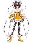  absurdres bare_shoulders black_hair black_legwear boots breasts brown_eyes bun_cover choker cleavage collarbone double_bun dress dual_wielding eliza_mayfield full_body growlanser growlanser_iv highres holding holding_sword holding_weapon large_breasts looking_at_viewer official_art orange_dress red_ribbon ribbon scarf shiny shiny_clothes shiny_hair short_dress short_hair skirt smile solo strapless strapless_dress sword thighhighs transparent_background urushihara_satoshi weapon zettai_ryouiki 