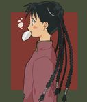  black_eyes black_hair blush_stickers braid chinese_clothes dumpling food fullmetal_alchemist green_background long_hair looking_away lowres may_chang mouth_hold multiple_braids older red_background riru solo steam 