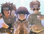  2boys absurdres aburame_shino akamaru_(naruto) alex_cho black_hair blush dog facial_tattoo fangs fighting_stance fingers_together forehead_protector highres hood hooded_jacket huge_filesize hyuuga_hinata inuzuka_kiba jacket lavender_eyes looking_at_viewer multiple_boys naruto naruto_(series) spiked_hair tattoo 