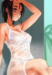  arm_up armpit_peek black_hair bra bra_through_clothes breasts brown_eyes cleavage dress hand_on_head looking_to_the_side medium_breasts ruuen_rouga see-through short_hair sitting solo thick_eyebrows underwear wet wet_clothes white_dress 