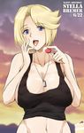  bad_id bad_pixiv_id between_breasts black_tank_top blonde_hair breasts cake cleavage covered_nipples dog_tags food fruit green_kaminari happy_birthday highres huge_breasts large_breasts looking_at_viewer midriff muvluv muvluv_alternative muvluv_total_eclipse navel purple_eyes short_hair stella_bremer strawberry strawberry_shortcake tank_top tongue tongue_out whipped_cream 