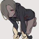  :o all_fours barefoot blonde_hair blush hair_over_one_eye hood hood_down hoodie idolmaster idolmaster_cinderella_girls kuroboshi_kouhaku looking_at_viewer naked_hoodie piercing red_eyes shirasaka_koume short_hair simple_background sketch sleeves_past_fingers sleeves_past_wrists solo 