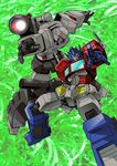 80s arm_cannon autobot battle blue_eyes cannon commentary_request decepticon full_body glowing glowing_eyes green_background headgear insignia machine machinery mecha megatron multiple_boys no_humans oldschool optimus_prime red_eyes robot smile transformers tsushima_naoto weapon 