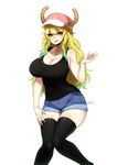  bad_id bad_pixiv_id black_legwear blonde_hair blue_hair blush breasts cleavage denim denim_shorts eyebrows_visible_through_hair full_body green_hair hat horns kobayashi-san_chi_no_maidragon large_breasts long_hair looking_at_viewer multicolored_hair parted_lips quetzalcoatl_(maidragon) red_hat shorts simple_background smile solo terupancake thighhighs watermark white_background 