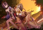  :d bare_shoulders blonde_hair breasts brown_eyes brown_hair claws dutch_angle eyeshadow fate/grand_order fate_(series) floral_print horns ibaraki_douji_(fate/grand_order) japanese_clothes kimono leg_ribbon leg_tattoo long_hair looking_at_another makeup multiple_girls navel oni open_mouth outdoors outstretched_arm parted_lips purple_hair rano red_ribbon ribbon short_hair shuten_douji_(fate/grand_order) sitting small_breasts smile sun sunset tattoo tree yellow_kimono 