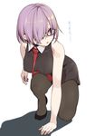  arm_support black-framed_eyewear black_dress black_legwear breasts covered_nipples dress fate/grand_order fate_(series) glasses hair_over_one_eye highres kneeling large_breasts looking_away mash_kyrielight necktie omucchan_(omutyuan) pantyhose parted_lips purple_eyes purple_hair short_dress short_hair simple_background sleeveless sleeveless_dress solo translation_request white_background 