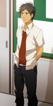  1boy brown_hair classroom male_focus presenting resfrio school solo_focus student undressing 