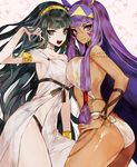  armlet ass bangle bangs black_panties blunt_bangs blush bracelet breast_press breasts cleopatra_(fate/grand_order) dark_skin dress earrings facial_mark fate/grand_order fate_(series) green_eyes green_hair hair_between_eyes hair_tucking hairband hand_on_hip hoop_earrings jewelry long_hair looking_at_viewer medium_breasts medjed mo_(mocopo) multiple_girls nitocris_(fate/grand_order) panties purple_eyes purple_hair smile symmetrical_docking underwear very_long_hair white_dress white_panties 