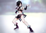  absurdres belt black_hair blurry blurry_background breasts cleavage cleavage_cutout detached_sleeves fighting_stance highres long_hair medium_breasts midriff navel okuto original red_eyes signature solo standing 