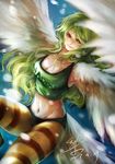  1girl bare_midriff breasts cleavage clothes_writing eykihan feathered_wings flying green_hair harpy large_breasts long_hair looking_at_viewer midriff monet_(one_piece) monster_girl navel one_piece pantyhose short_shorts shorts signature smile snow solo striped tail_feathers tank_top wavy_hair wings 