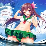  ;d adapted_costume bikini blush brown_hair crescent crescent_moon_pin hair_ornament kantai_collection kisaragi_(kantai_collection) long_hair minami_(apricot_tea) mismatched_bikini navel one_eye_closed open_mouth skirt smile solo splashing swimsuit water wet wince 