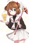  ahoge bad_id bad_twitter_id blush brown_hair cardcaptor_sakura eyebrows_visible_through_hair fuuin_no_tsue green_eyes hair_bobbles hair_ornament holding holding_staff izumo_neru kero kinomoto_sakura looking_at_viewer magical_girl neckerchief one_eye_closed short_hair skirt smile staff upper_body white_neckwear white_skirt 