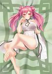  1girl ankles artist_request barefoot bed black_panties blush breasts character_request china_dress copyright_request feet feet_up hair_buns large_breasts long_twintails looking_at_viewer looking_up lying on_back on_bed pink_hair pov_feet red_eyes smile soles solo toenails toes twintails 