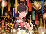  bamboo bangs black_hair blue_bow blush bow eyebrows_visible_through_hair from_side giba_(out-low) hair_bow half_updo hand_on_own_chest japanese_clothes kimono long_hair looking_at_viewer looking_to_the_side orb original solo tanabata tanzaku upper_body yellow_eyes yukata 