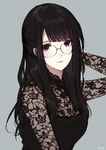  arm_behind_head arm_up bangs black_hair breasts caidychen floral_print glasses grey_background hand_in_hair highres lace long_hair looking_at_viewer medium_breasts original purple_eyes red_lips round_eyewear simple_background solo upper_body 