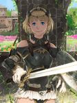 armor blonde_hair blue_eyes breastplate commentary_request day flower gloves knight original outdoors shadow shield short_hair shoulder_cutout solo somehira_katsu sword weapon white_gloves 