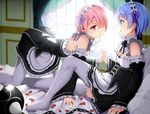  all_fours blue_eyes blue_hair blush breasts grazelz hair_ornament hair_over_one_eye hair_ribbon holding_hands indoors interlocked_fingers maid maid_headdress medium_breasts multiple_girls on_bed open_mouth pink_eyes pink_hair ram_(re:zero) re:zero_kara_hajimeru_isekai_seikatsu rem_(re:zero) ribbon short_hair siblings sisters sitting thighhighs twins white_legwear window x_hair_ornament 