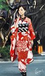  black_hair blush floral_print geta highres japanese_clothes kimono long_sleeves looking_to_the_side obi original outdoors sash solo somehira_katsu tree wide_sleeves 
