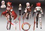  albino ass braid breasts cape chakram character_sheet cowboy_shot from_behind full_body gradient gradient_background highres hood kunai lips looking_back medium_breasts original pale_skin profile red_eyes rope sangrde skin_tight sword thigh_strap underboob vambraces weapon white_hair 