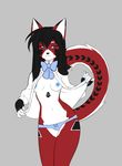  2017 android anthro ara black_fur black_hair black_nose blue_eyes bow breasts cat clothed clothing cybernetics cyborg digital_media_(artwork) feline female fur hair katibara legwear looking_at_viewer machine mammal multicolored_fur nipples open_shirt panties red_fur robot shirt simple_background smile solo underwear white_fur 