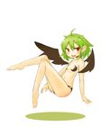  ahoge blush breasts commentary_request demon_girl fang full_body green_hair kumakichi midriff navel plantar_flexion pointy_ears red_eyes ribs small_breasts smile solo succubus wings yuuutsu-kun_to_succubus-san 