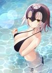  ahoge ayumu_(ayumu3659) bikini black_bikini blush breasts fate/grand_order fate_(series) food from_above headpiece highres jeanne_d'arc_(alter)_(fate) jeanne_d'arc_(fate)_(all) large_breasts looking_at_viewer partially_submerged popsicle short_hair side-tie_bikini silver_hair smile solo swimsuit water yellow_eyes 