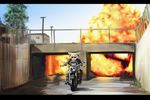  chromatic_aberration commentary common_raccoon_(kemono_friends) day explosion fennec_(kemono_friends) ground_vehicle jacket kemono_friends leather leather_jacket motor_vehicle motorcycle movie_reference multiple_girls multiple_riders outdoors parody riding sunglasses terminator terminator_2:_judgement_day ueyama_michirou 