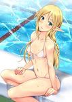  aqua_eyes bare_arms bare_legs bare_shoulders bikini blonde_hair blush braid breasts collarbone commentary_request elf groin halter_top halterneck highres kuurunaitsu long_hair looking_at_viewer navel original parted_lips pointy_ears pool sidelocks single_braid sitting small_breasts solo stomach swimsuit thighs wet white_bikini 