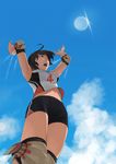  ahoge bike_shorts black_hair cloud commentary_request day elbow_pads knee_pads midriff navel open_mouth original shirt sky solo somehira_katsu volleyball 