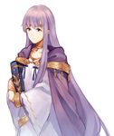  banned_artist book dress fire_emblem fire_emblem:_seisen_no_keifu fire_emblem:_thracia_776 holding holding_book jewelry llicornia long_hair long_sleeves necklace purple_eyes purple_hair simple_background smile solo very_long_hair white_background white_hair wide_sleeves yuria_(fire_emblem) 