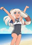  beach blonde_hair blue_eyes covered_navel crop_top day flower hair_flower hair_ornament highres kantai_collection lifebuoy long_hair maru_mie one-piece_swimsuit one-piece_tan open_mouth outdoors outstretched_wrists ro-500_(kantai_collection) sailor_collar school_swimsuit solo swimsuit swimsuit_under_clothes tan tanline torpedo 