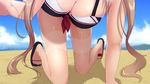  adapted_costume all_fours bad_anatomy beach bikini breasts cleavage cloud day head_out_of_frame highres kantai_collection large_breasts light_brown_hair long_hair murasame_(kantai_collection) ocean ohiya outdoors reaching_out sand sandals self_shot shiny shiny_skin skindentation skirt sky solo swimsuit tan tanline twintails water wet 